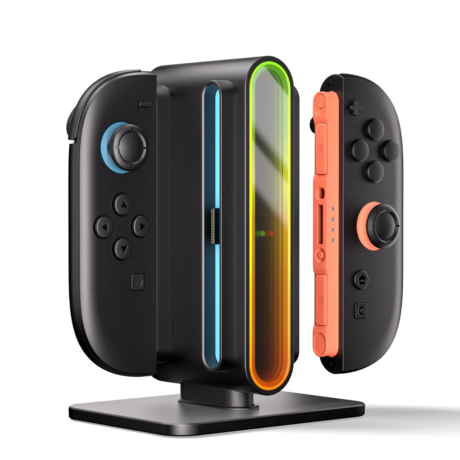 Black gaming controller with colorful display on a white background
