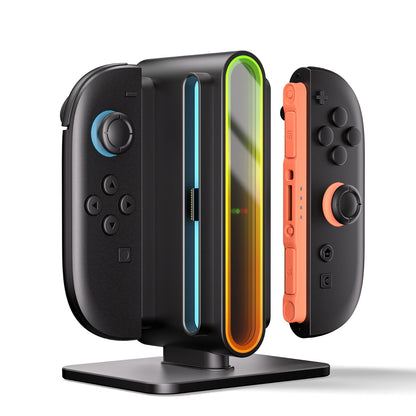 Black gaming controller with colorful display on a white background