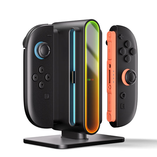 Black gaming controller with colorful display on a white background